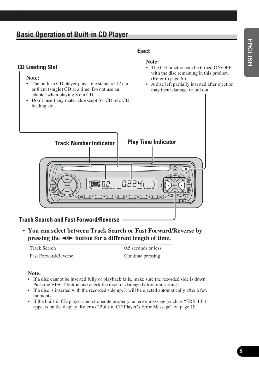 Pioneer DEH-12 operation manual Basic Operation of Built-in CD Player, CD Loading Slot, Eject, Track Number Indicator 