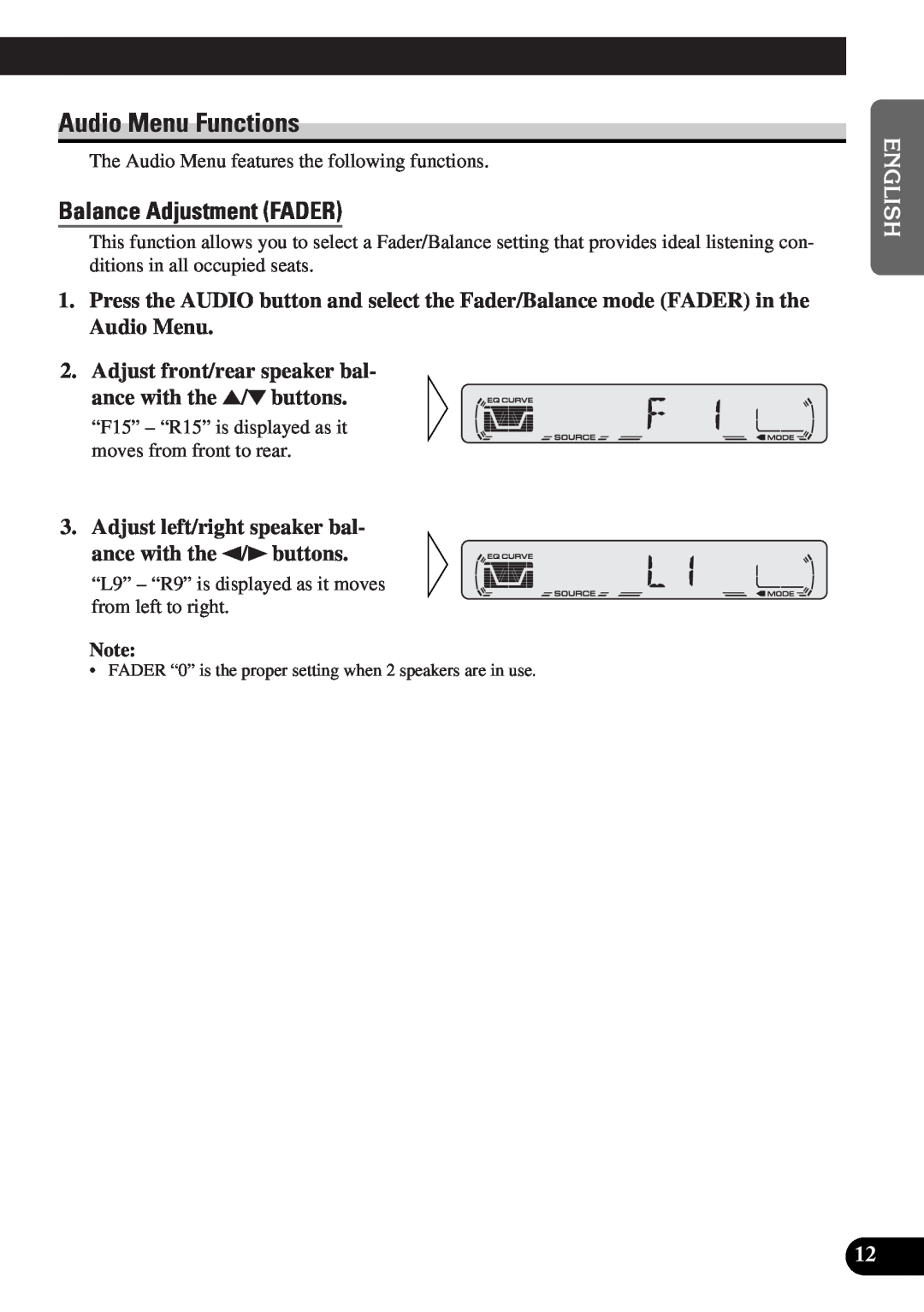 Pioneer DEH-12 operation manual Audio Menu Functions, Balance Adjustment FADER 