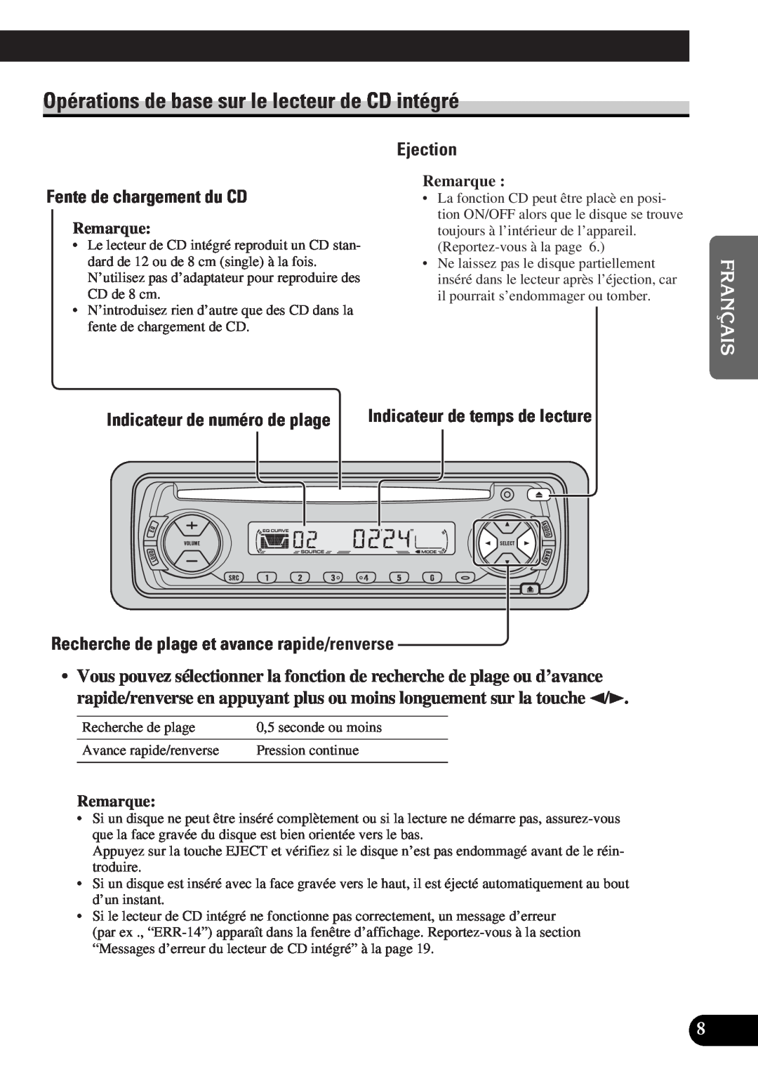 Pioneer DEH-12 Opérations de base sur le lecteur de CD intégré, Fente de chargement du CD, Ejection, English Français 