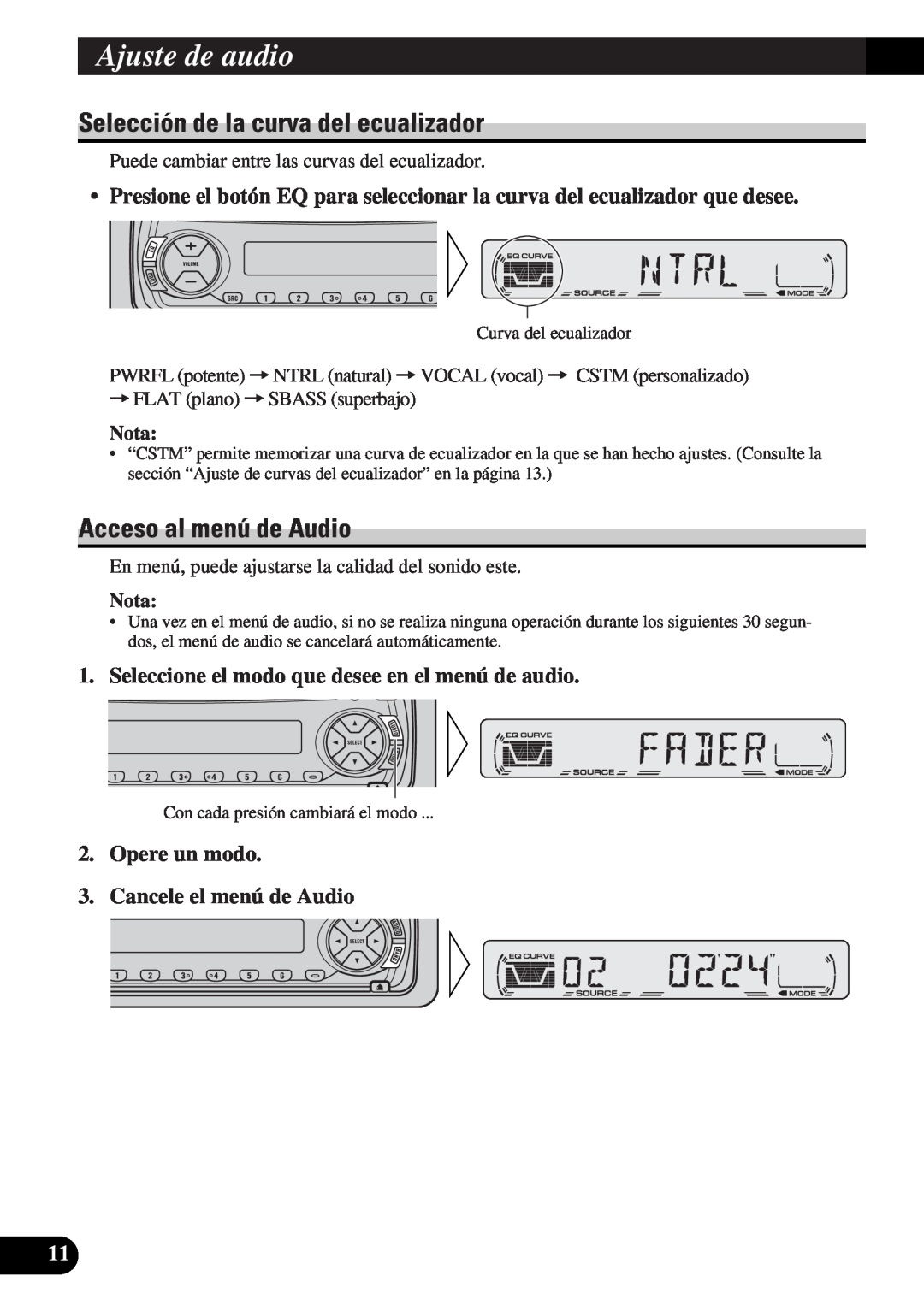 Pioneer DEH-12 operation manual Ajuste de audio, Selección de la curva del ecualizador, Acceso al menú de Audio, Nota 