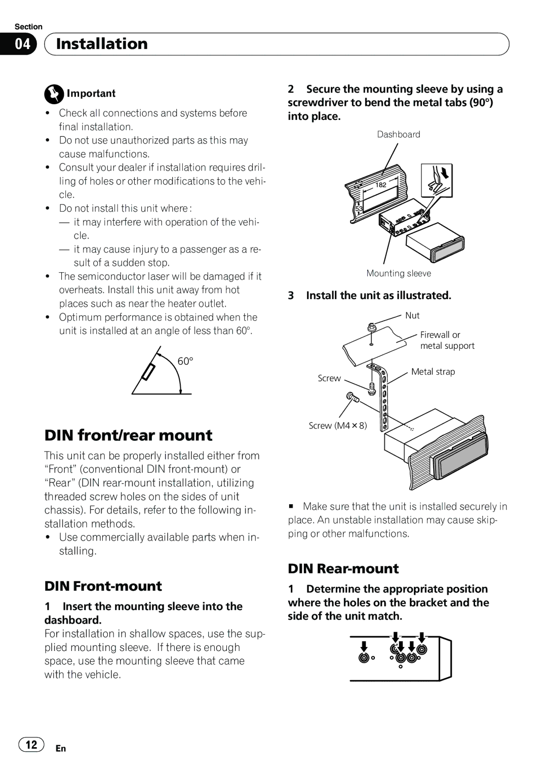 Pioneer DEH-1200MP owner manual Installation, DIN front/rear mount, DIN Front-mount, DIN Rear-mount 