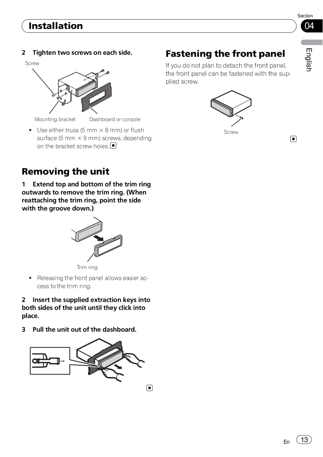 Pioneer DEH-1200MP owner manual Fastening the front panel, Removing the unit 