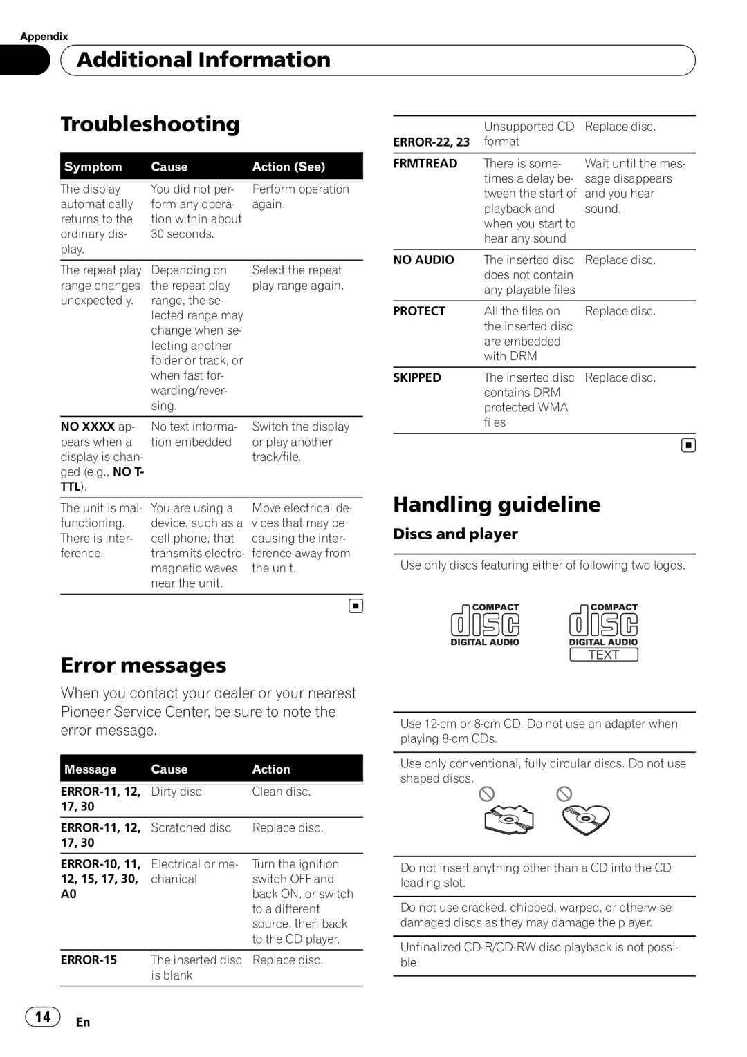 Pioneer DEH-1200MP Additional Information Troubleshooting, Handling guideline, Error messages, Discs and player 