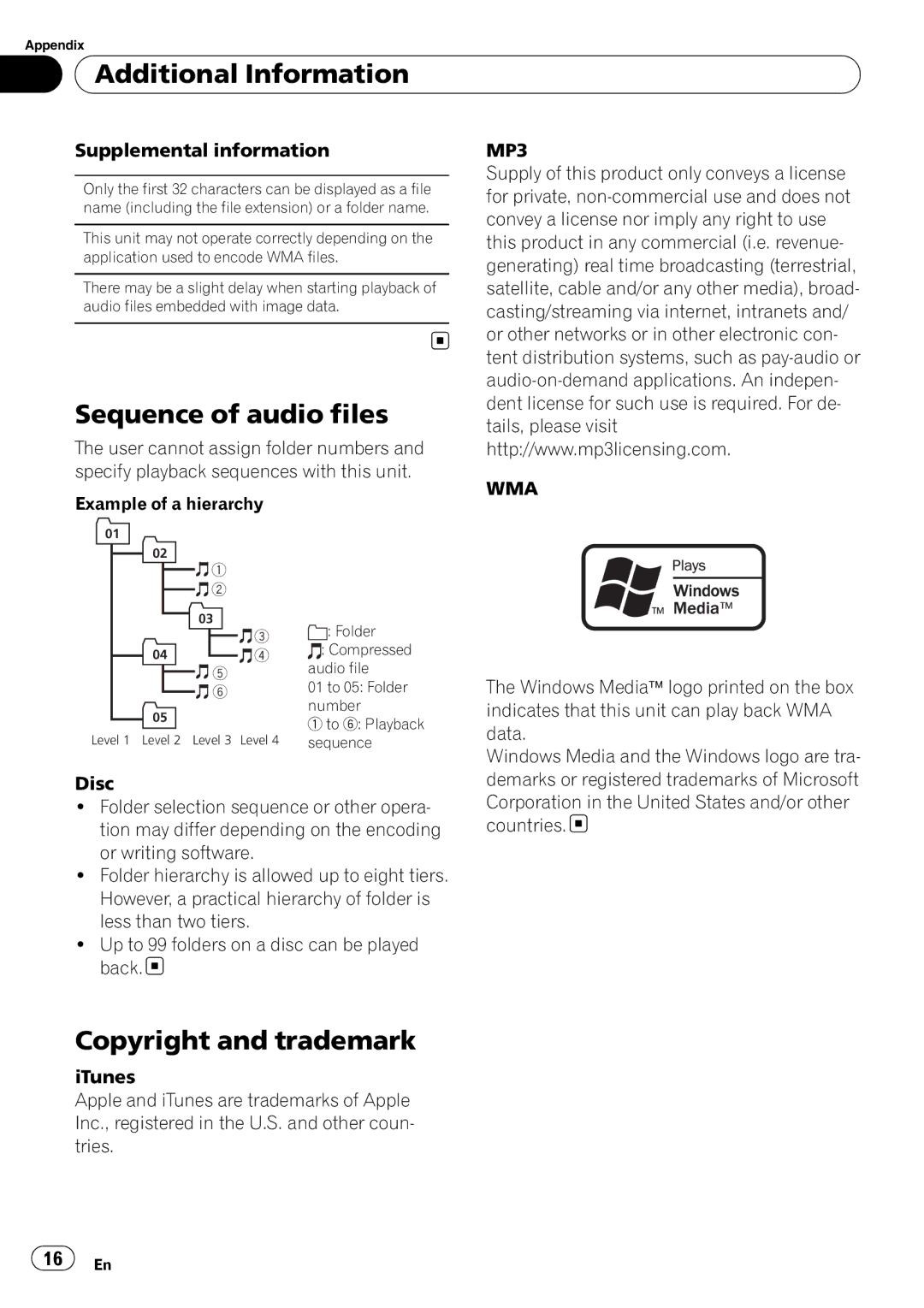 Pioneer DEH-1200MP owner manual Sequence of audio files, Copyright and trademark, Supplemental information 