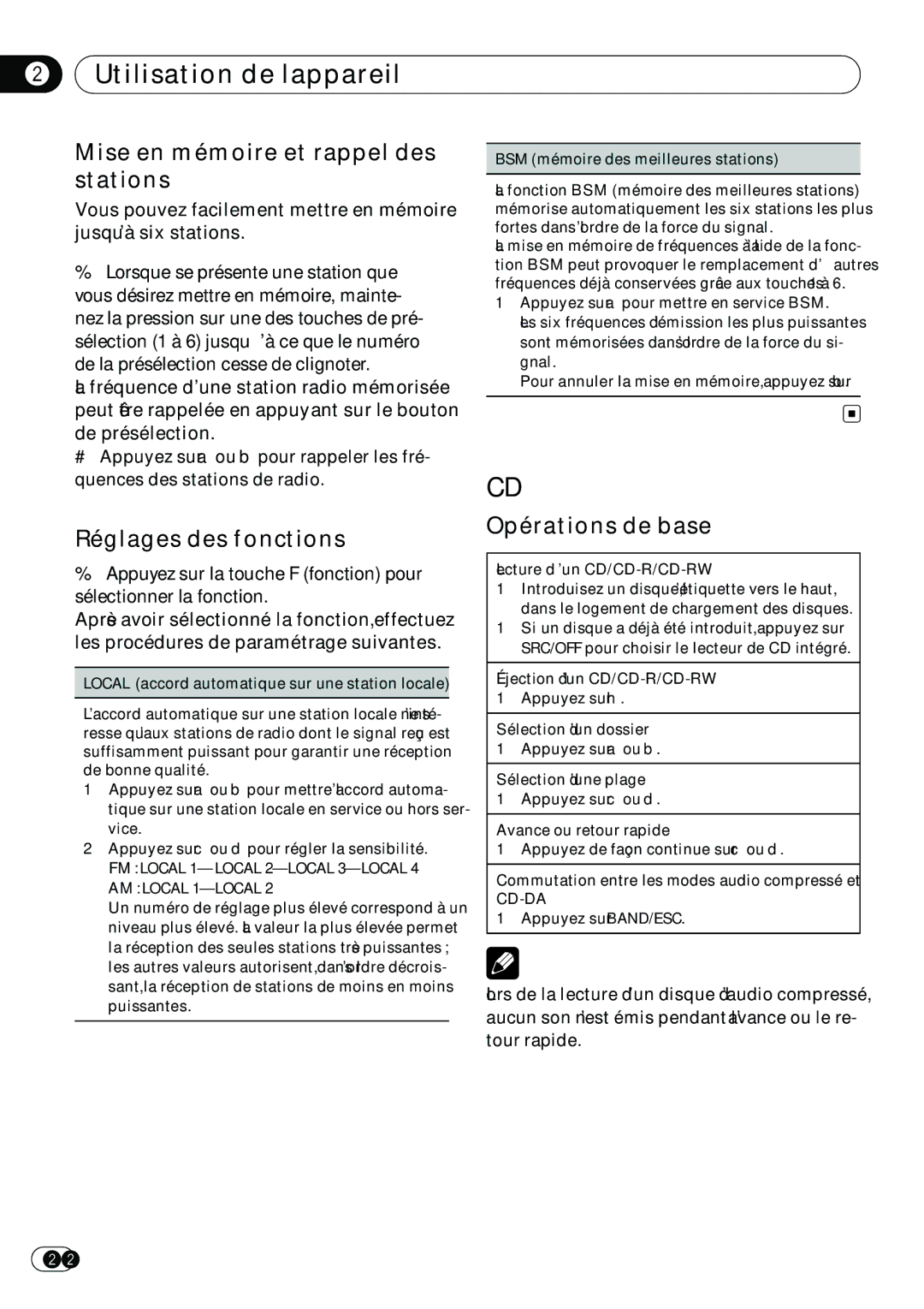 Pioneer DEH-1200MP owner manual Mise en mémoire et rappel des stations, Réglages des fonctions 