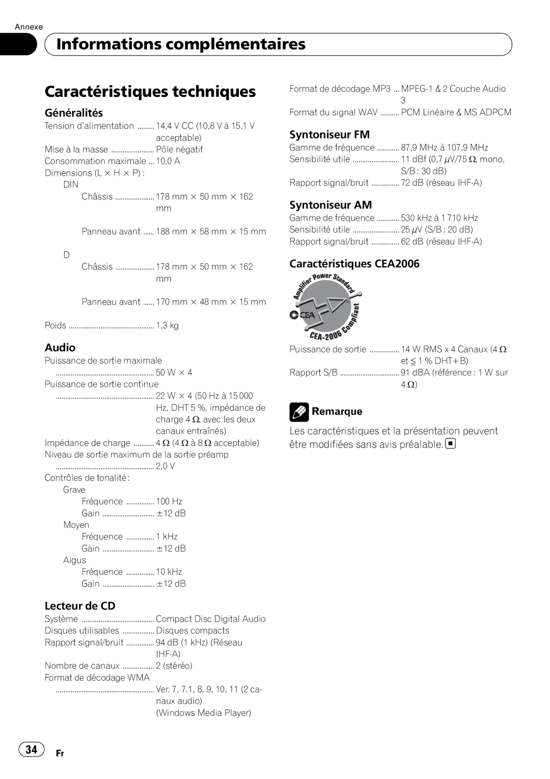 Pioneer DEH-1200MP owner manual Informations complémentaires Caractéristiques techniques 