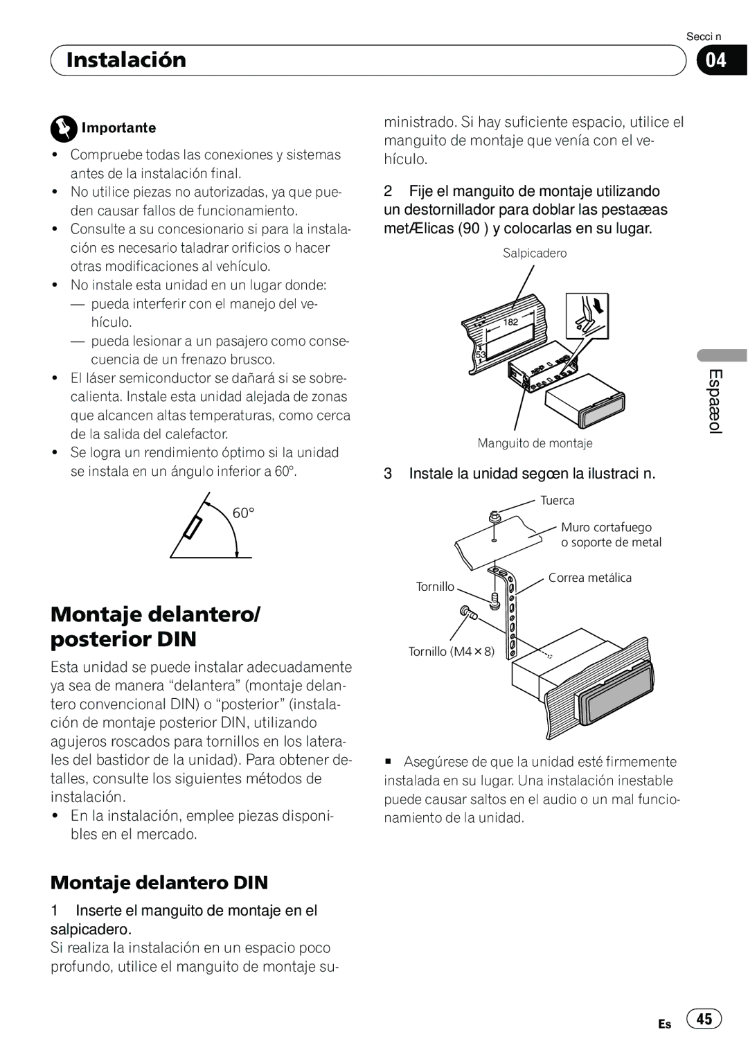 Pioneer DEH-1200MP owner manual Instalación, Montaje delantero/ posterior DIN, Montaje delantero DIN 