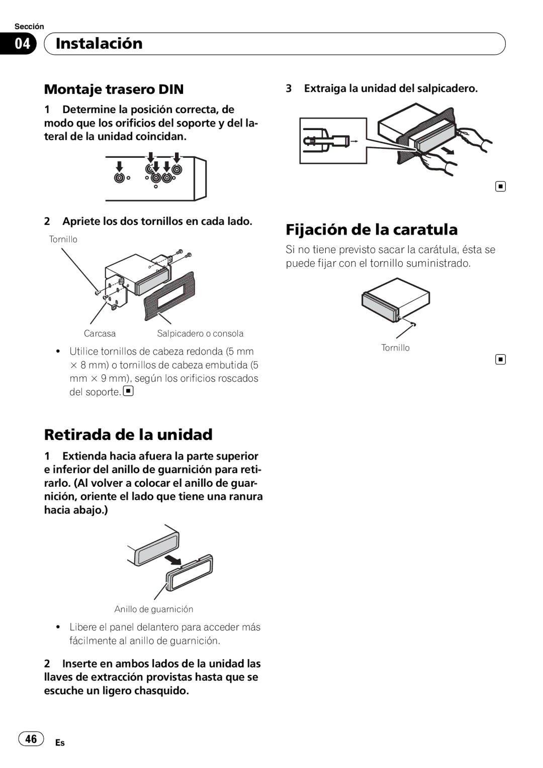 Pioneer DEH-1200MP owner manual Fijación de la caratula, Retirada de la unidad, Montaje trasero DIN 