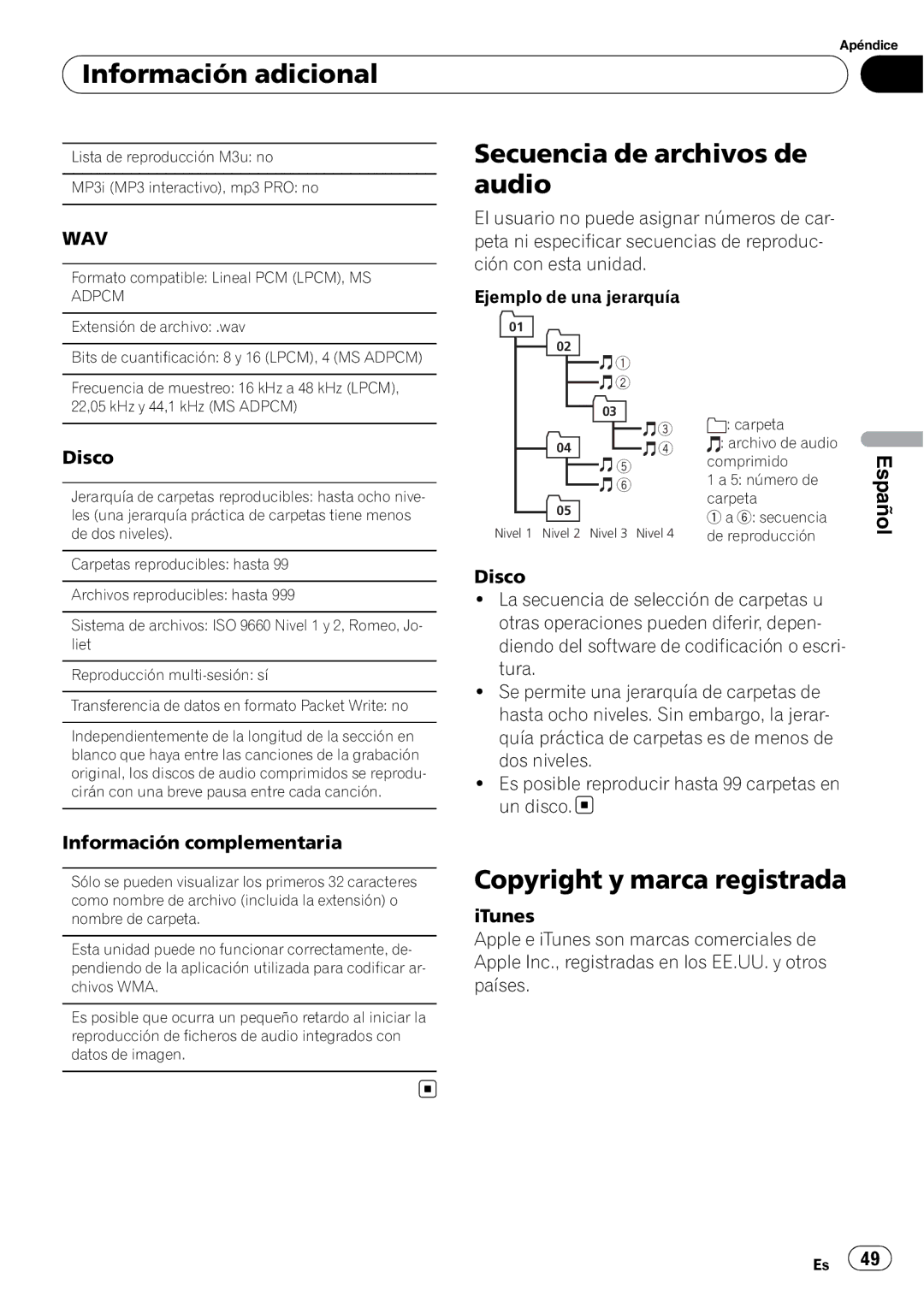 Pioneer DEH-1200MP owner manual Información adicional, Secuencia de archivos de, Audio, Copyright y marca registrada 