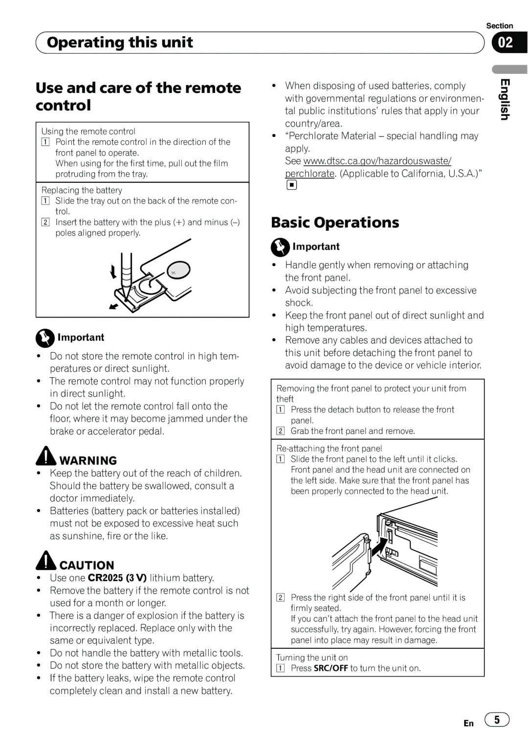 Pioneer DEH-1200MP owner manual Operating this unit Use and care of the remote control, Basic Operations 