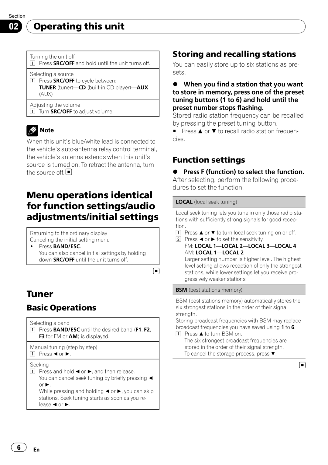 Pioneer DEH-1200MP Operating this unit, Tuner, Storing and recalling stations, Function settings, Basic Operations 