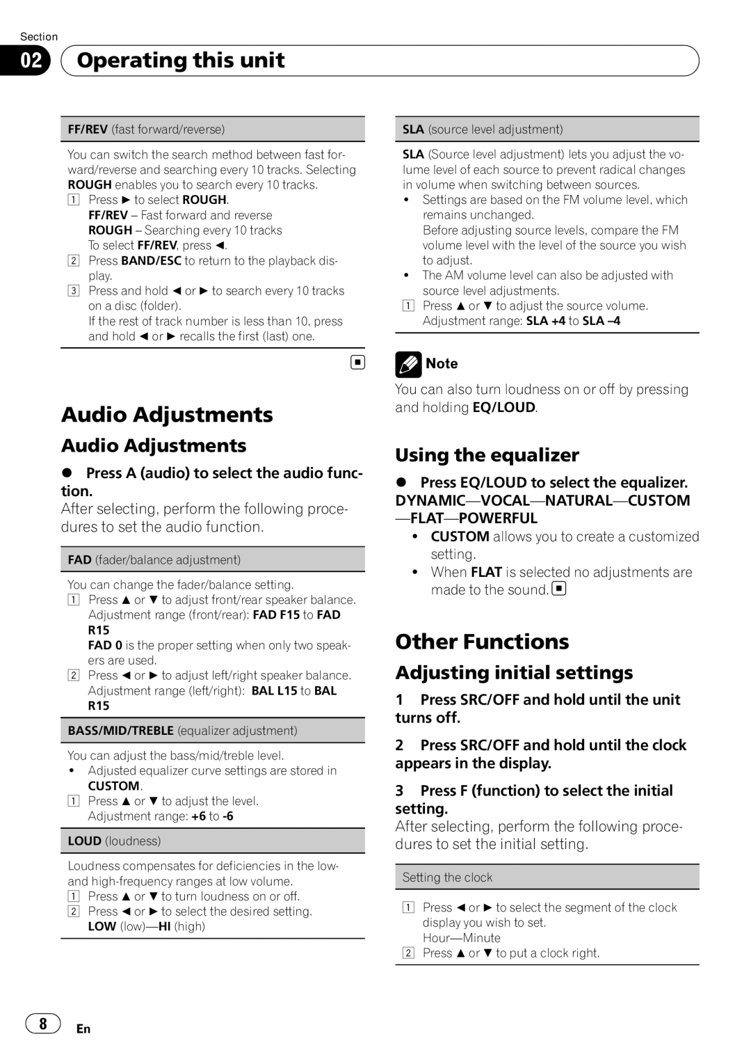 Pioneer DEH-1200MP owner manual Audio Adjustments, Other Functions, Using the equalizer, Adjusting initial settings 