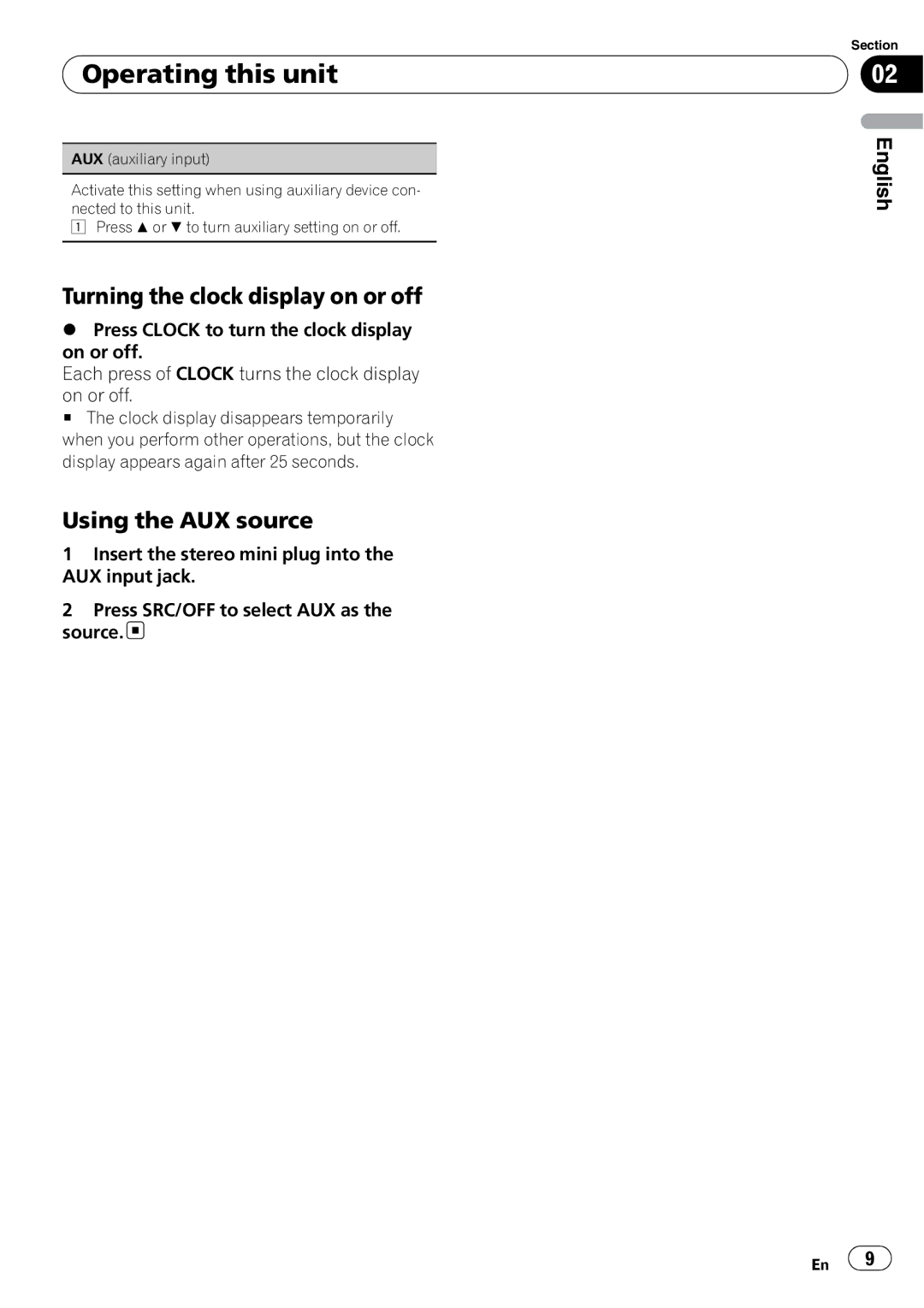 Pioneer DEH-1200MP owner manual Turning the clock display on or off, Using the AUX source 