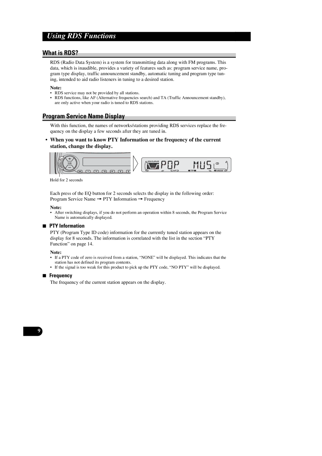 Pioneer DEH-1300R, DEH-1330R Using RDS Functions, What is RDS?, Program Service Name Display, PTY Information, Frequency 