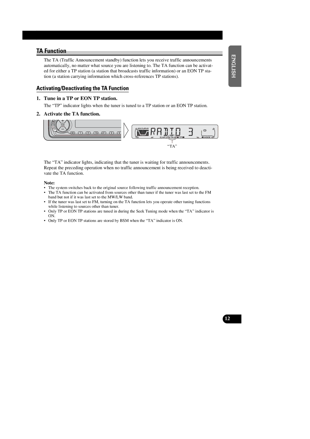 Pioneer DEH-2300RB Activating/Deactivating the TA Function, Tune in a TP or EON TP station, Activate the TA function 