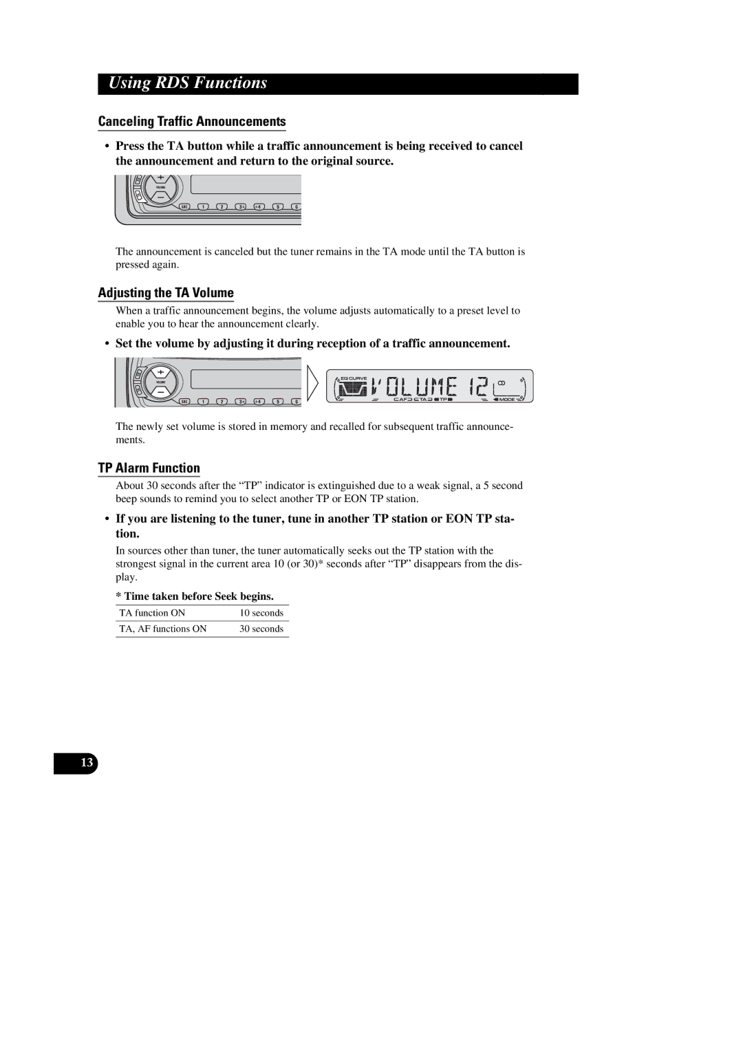 Pioneer DEH-2330R, DEH-1300R, DEH-1330R Canceling Traffic Announcements, Adjusting the TA Volume, TP Alarm Function 