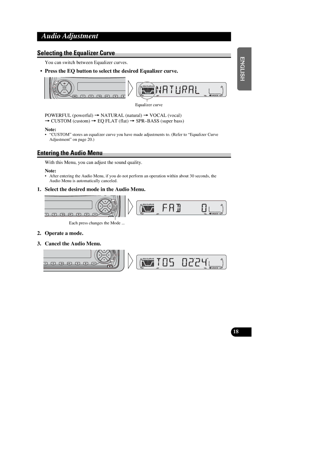 Pioneer DEH-2330R, DEH-1300R, DEH-1330R, DEH-2300R Audio Adjustment, Selecting the Equalizer Curve, Entering the Audio Menu 