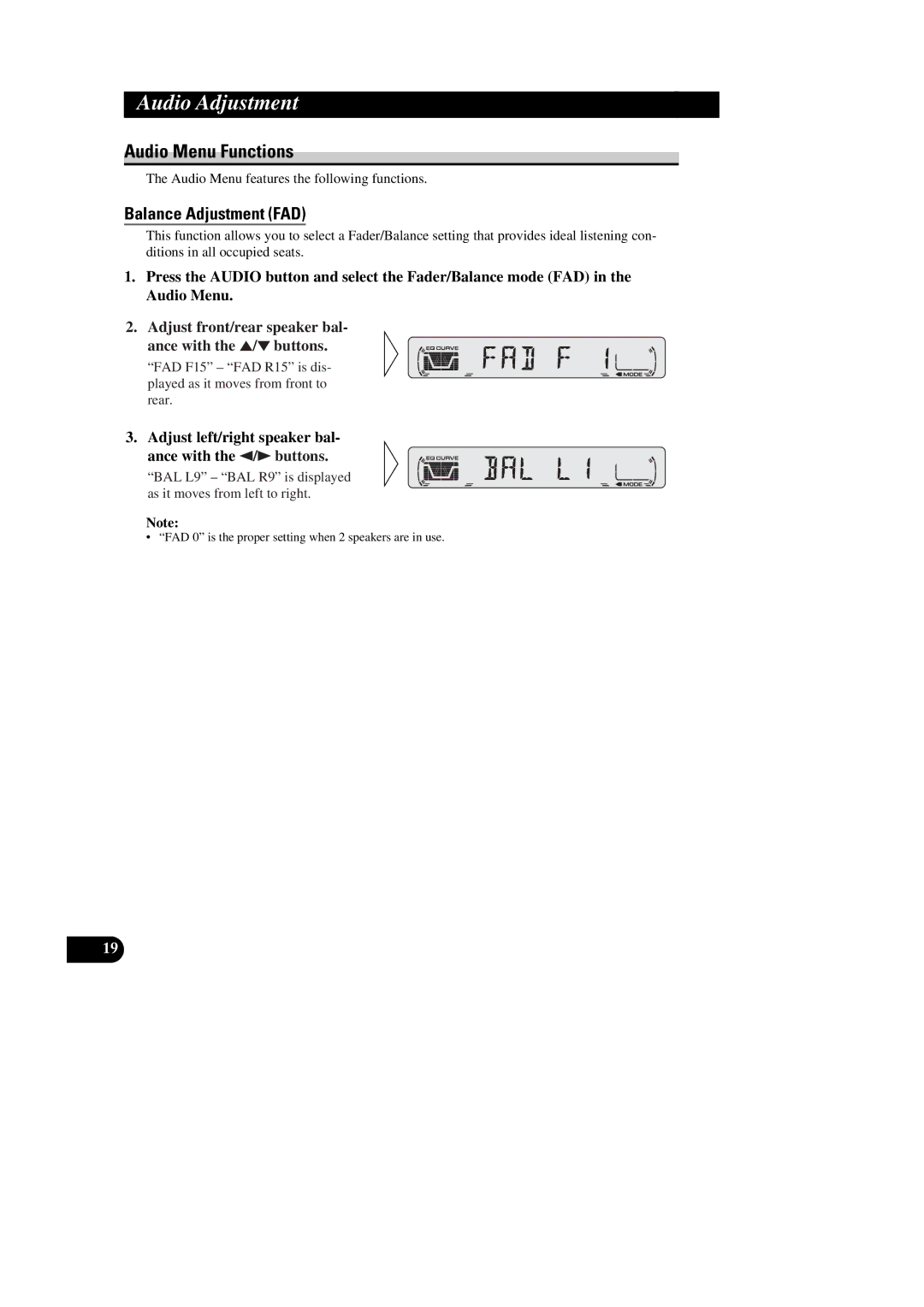 Pioneer DEH-1300R Audio Menu Functions, Balance Adjustment FAD, Adjust left/right speaker bal- ance with the 2/3 buttons 