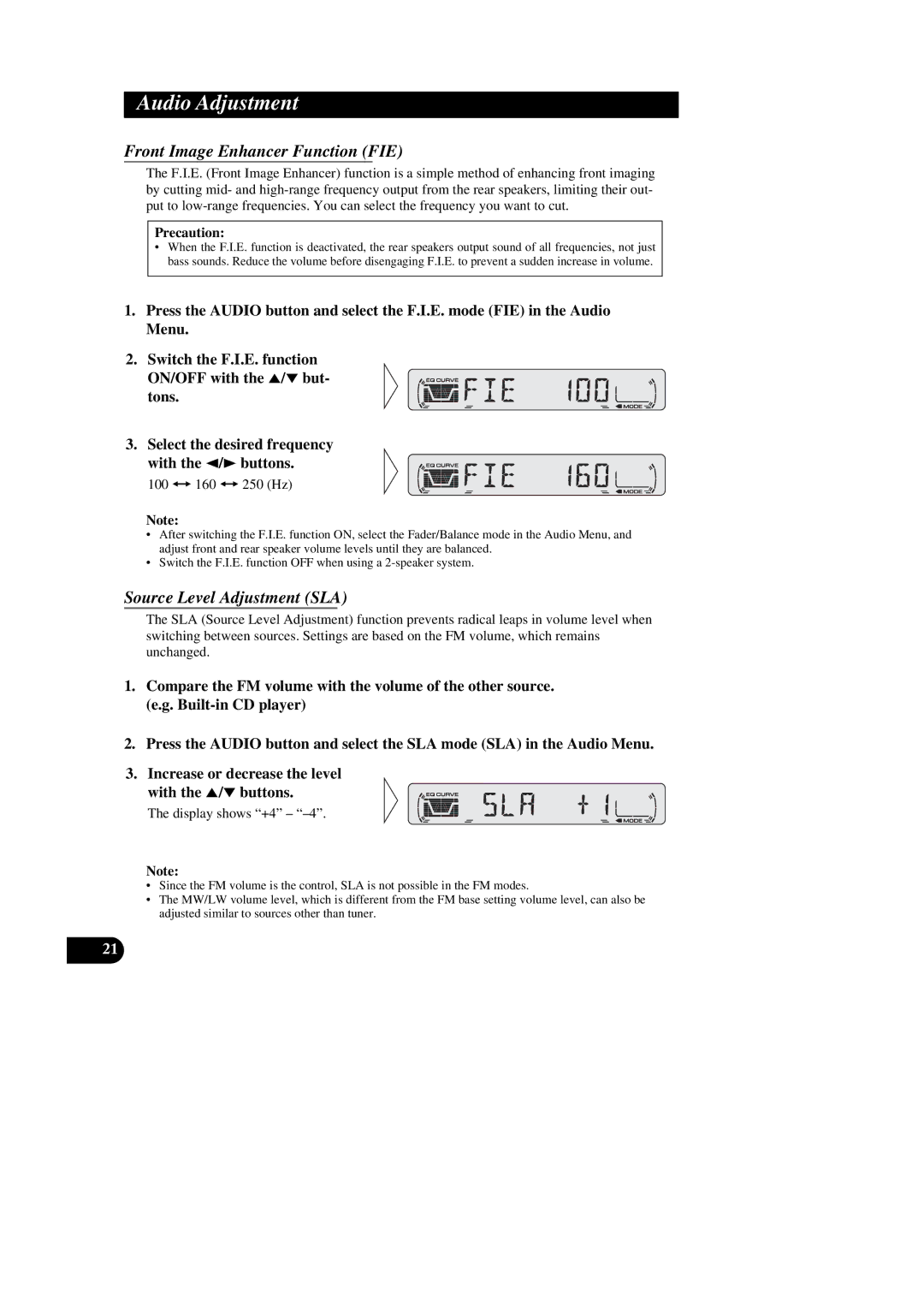 Pioneer DEH-2300R Front Image Enhancer Function FIE, Source Level Adjustment SLA, 100 += 160 += 250 Hz, Display shows +4 