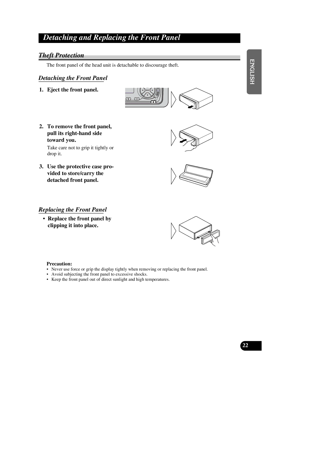 Pioneer DEH-2300RB, DEH-1300R Detaching and Replacing the Front Panel, Theft Protection, Detaching the Front Panel 