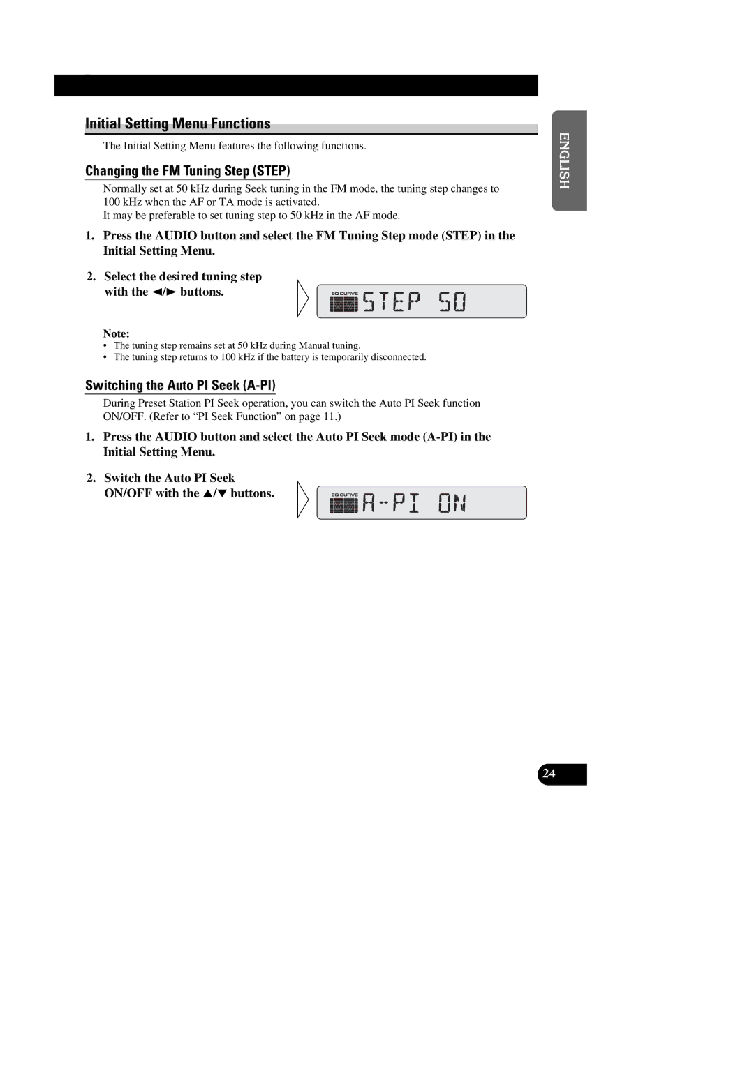 Pioneer DEH-1300R Initial Setting Menu Functions, Changing the FM Tuning Step Step, Switching the Auto PI Seek A-PI 