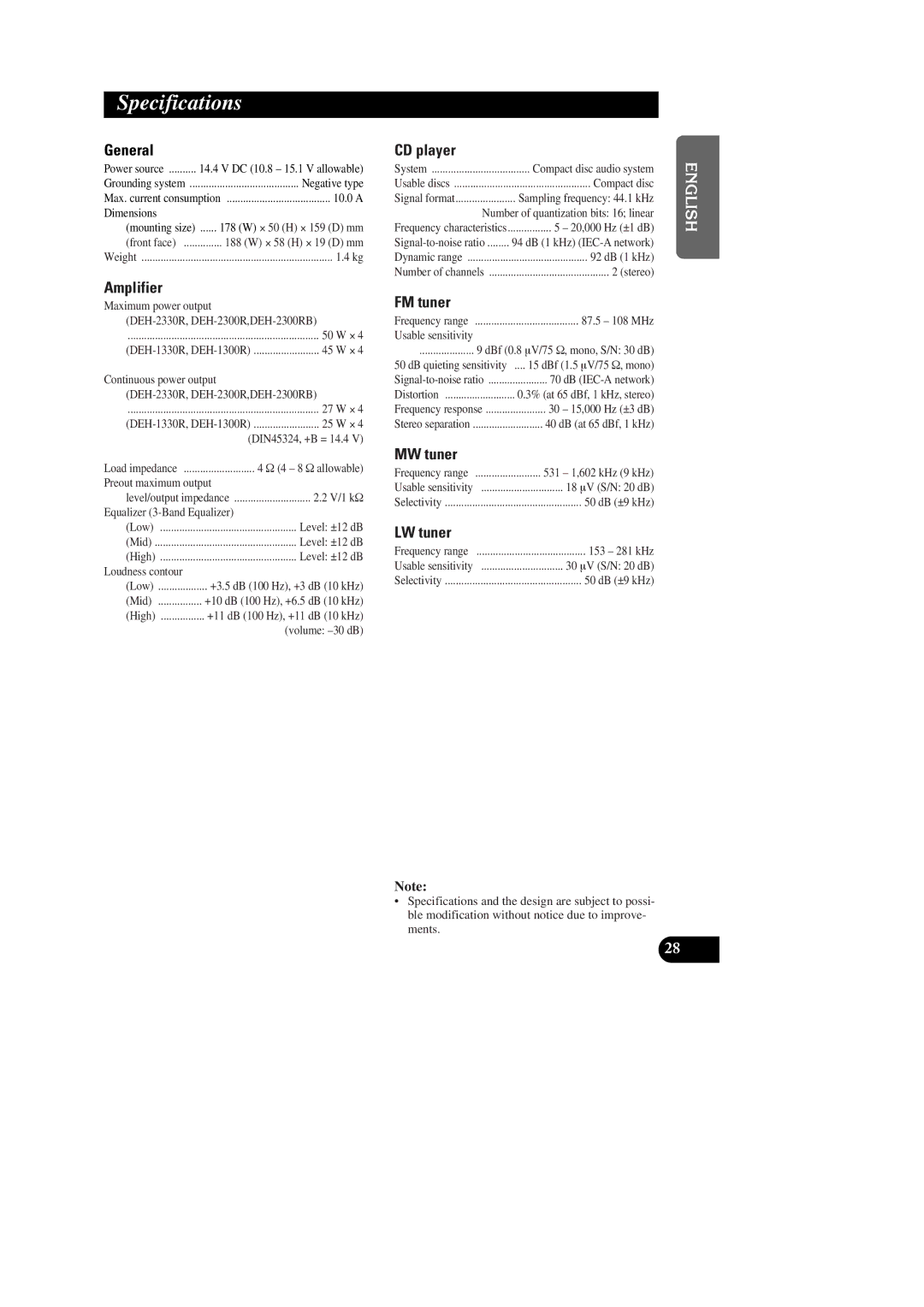 Pioneer DEH-2330R, DEH-1300R, DEH-1330R, DEH-2300RB operation manual Specifications 