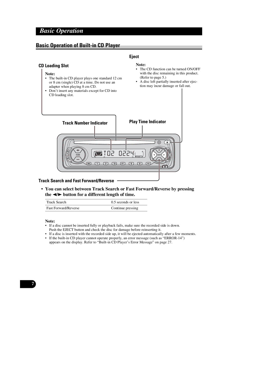 Pioneer DEH-2300RB, DEH-1300R Basic Operation of Built-in CD Player, CD Loading Slot, Eject, Track Number Indicator 