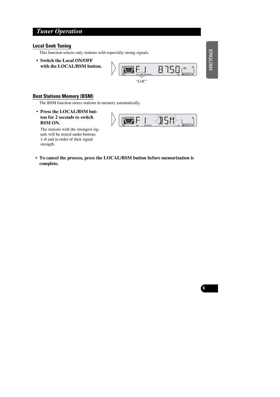 Pioneer DEH-2330R, DEH-1300R, DEH-1330R, DEH-2300RB Tuner Operation, Local Seek Tuning, Best Stations Memory BSM 