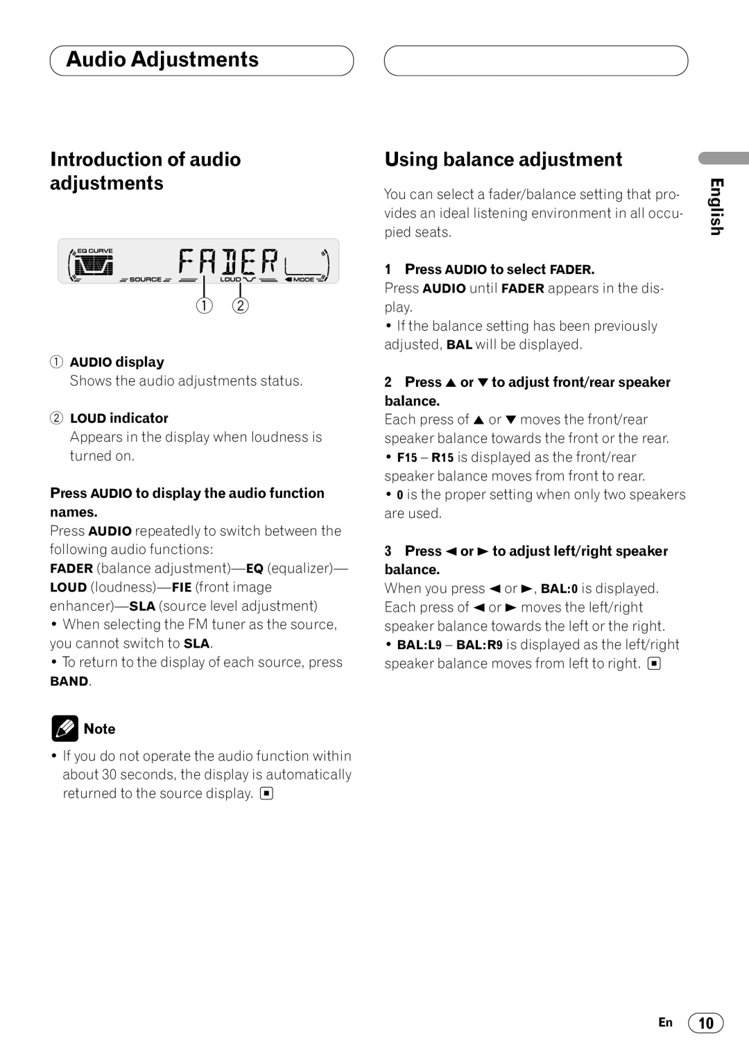 Pioneer DEH-1400 operation manual Audio Adjustments, Introduction of audio adjustments, Using balance adjustment 