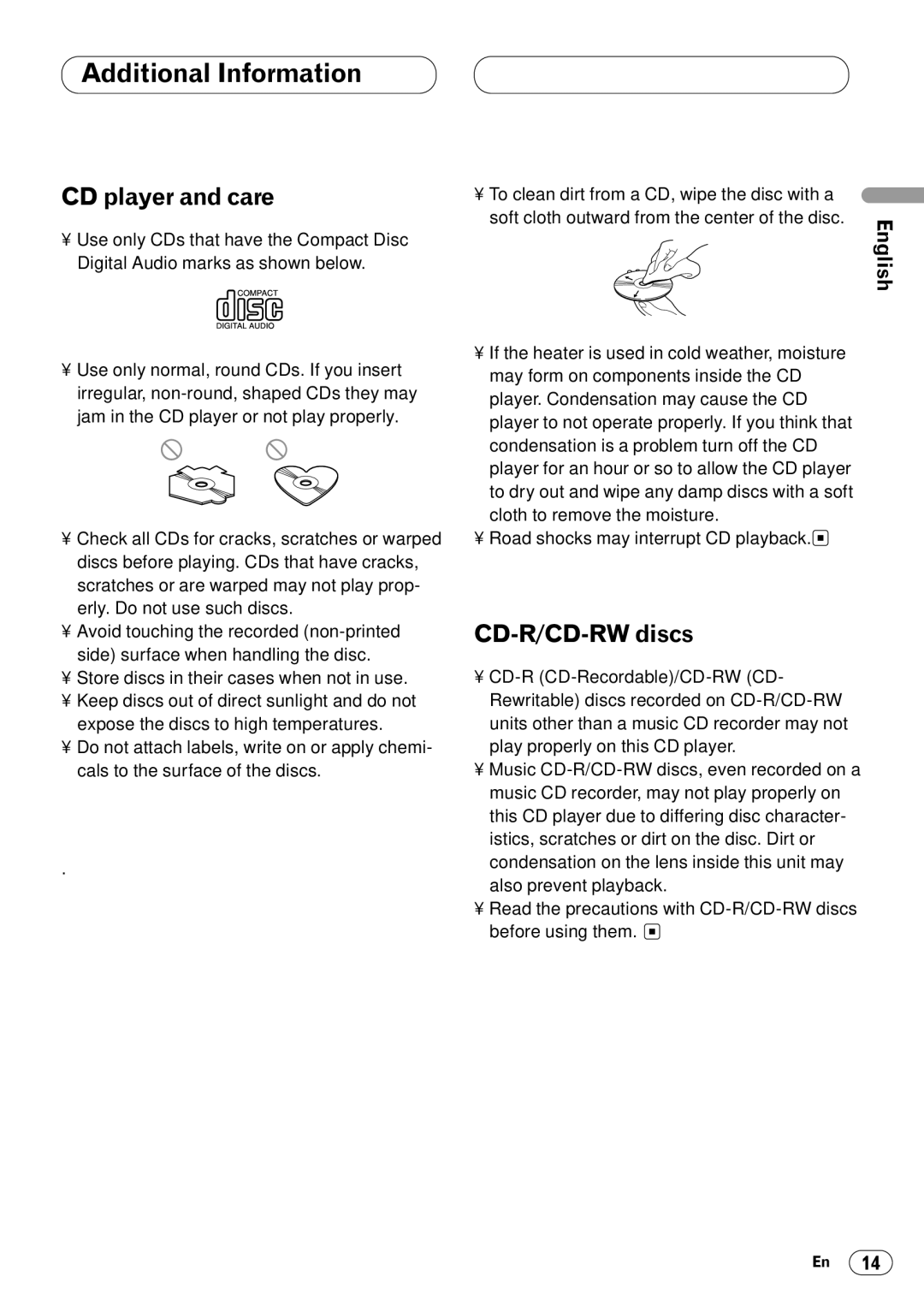 Pioneer DEH-1400 operation manual Additional Information, CD player and care, CD-R/CD-RW discs 