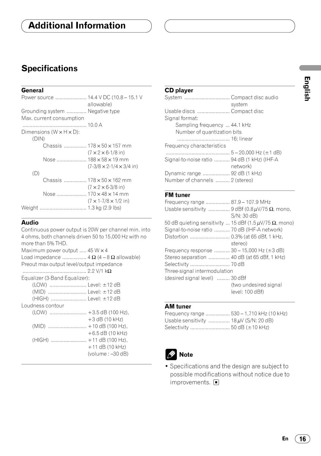 Pioneer DEH-1400 operation manual Specifications 