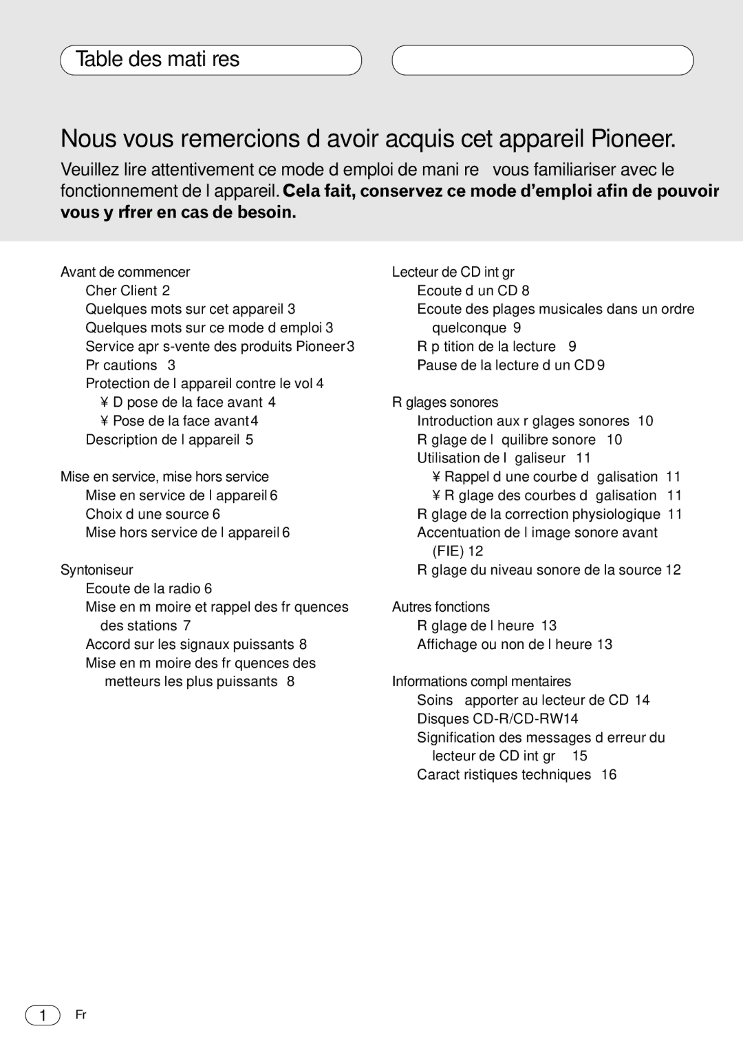 Pioneer DEH-1400 operation manual Table des matières 