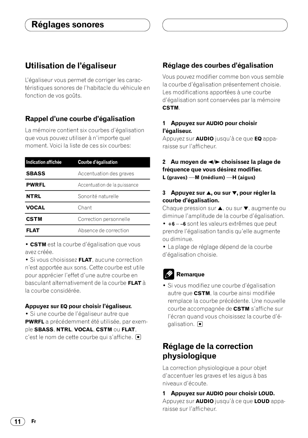 Pioneer DEH-1400 Utilisation de l’égaliseur, Rappel d’une courbe d’égalisation, Réglage des courbes d’égalisation 