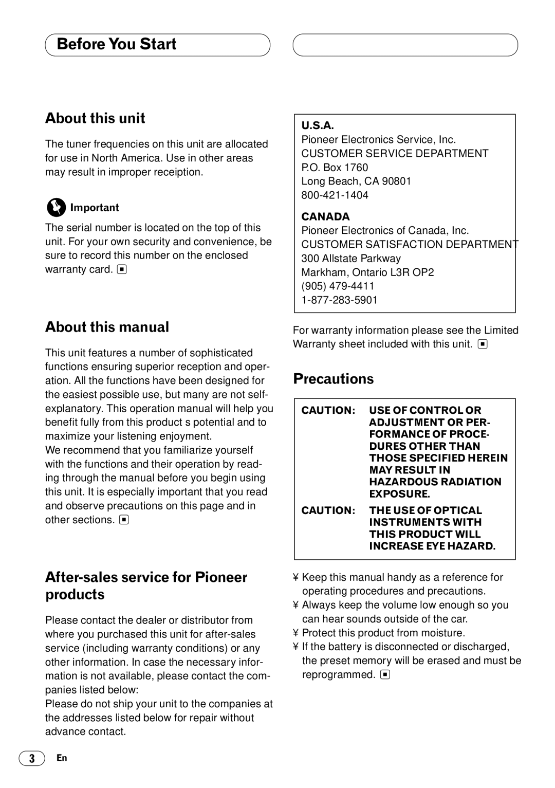 Pioneer DEH-14 Before You Start, About this unit, About this manual, After-sales service for Pioneer products, Precautions 