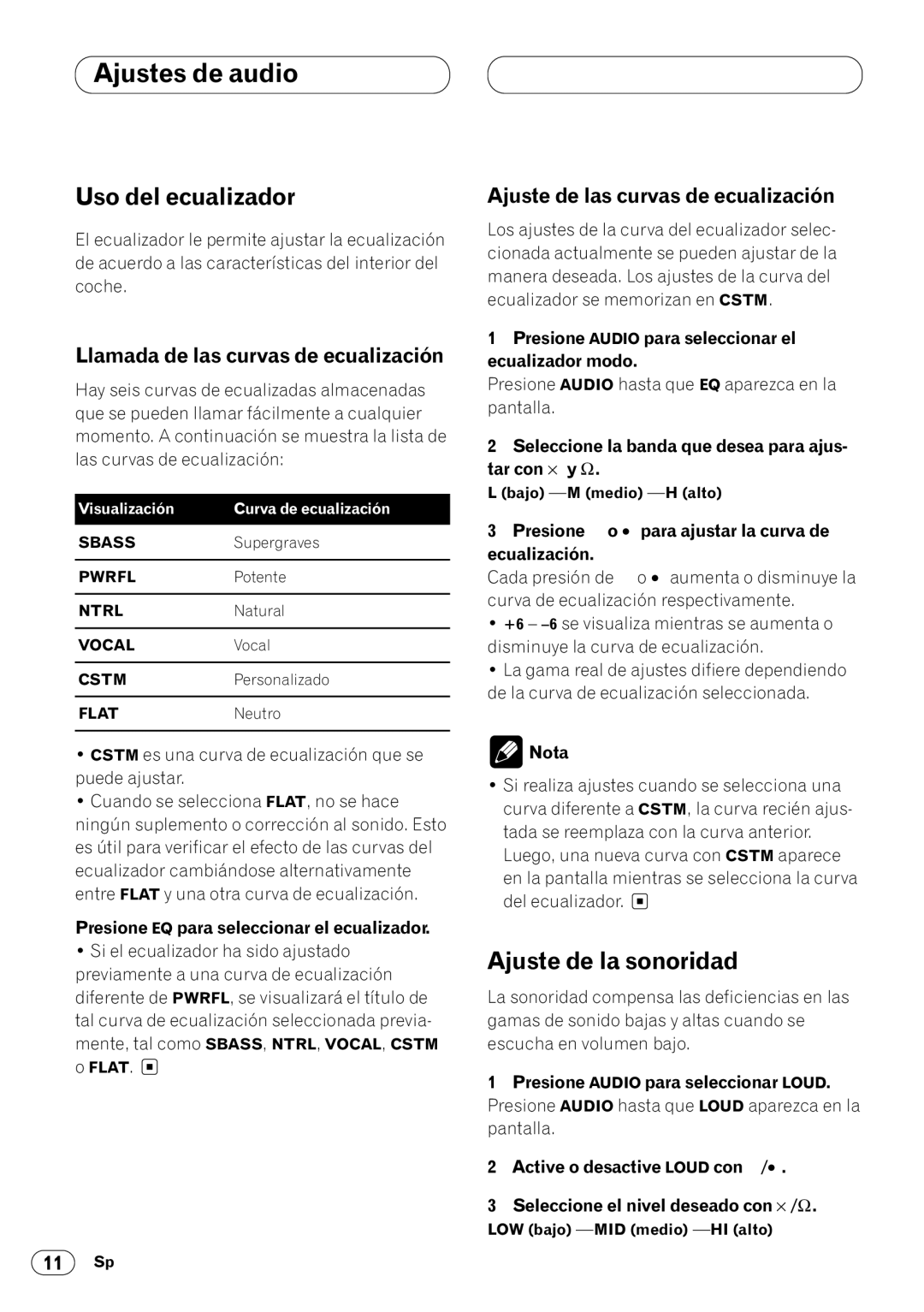 Pioneer DEH-1400 operation manual Uso del ecualizador, Ajuste de la sonoridad, Llamada de las curvas de ecualización 