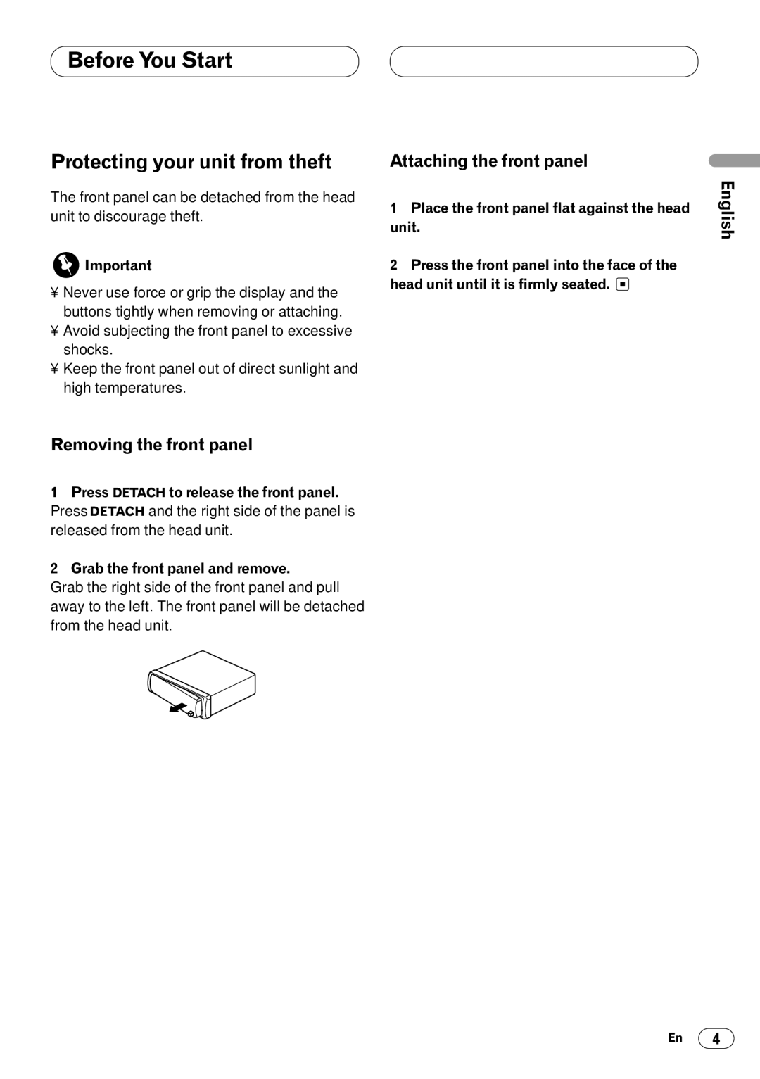 Pioneer DEH-1400 operation manual Protecting your unit from theft, Removing the front panel, Attaching the front panel 