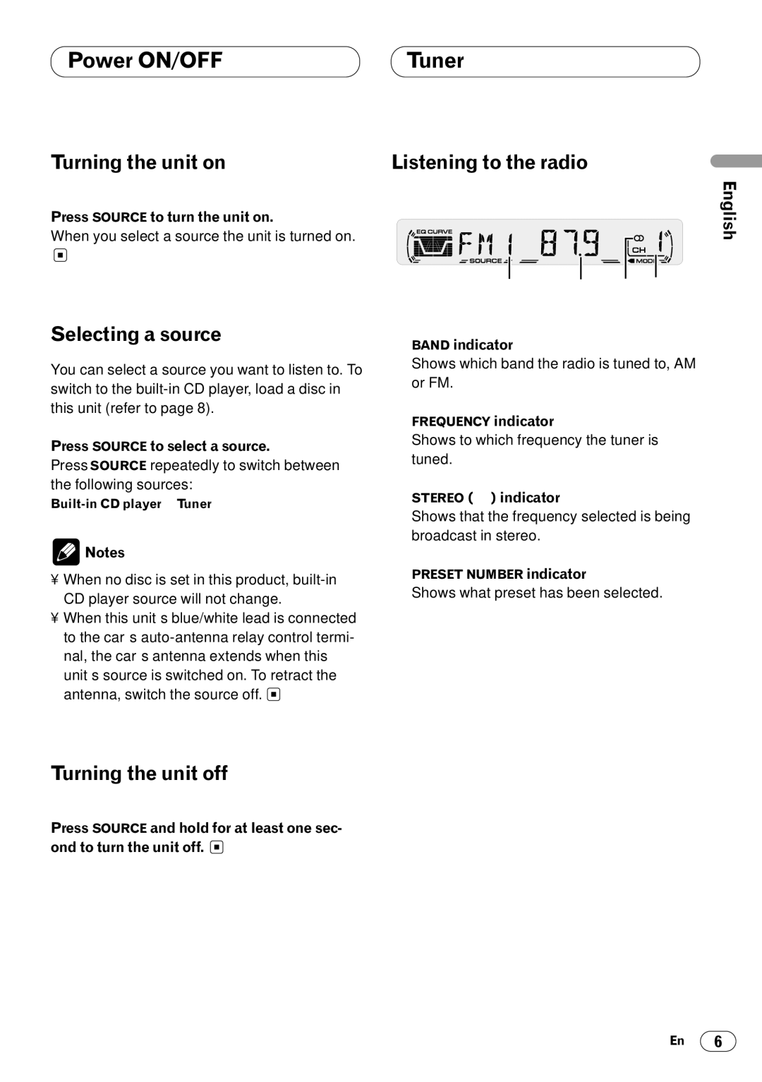 Pioneer DEH-1400 operation manual Power ON/OFF 