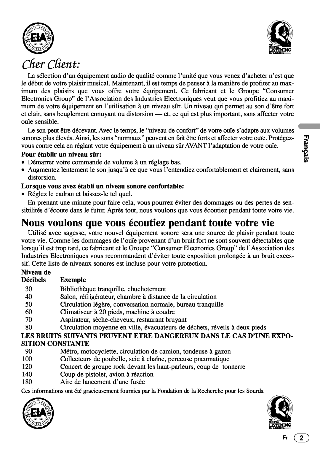 Pioneer DEH-1400 English Français Deutsch Français Italiano, Pour établir un niveau sûr, Niveau de, Décibels, Exemple 