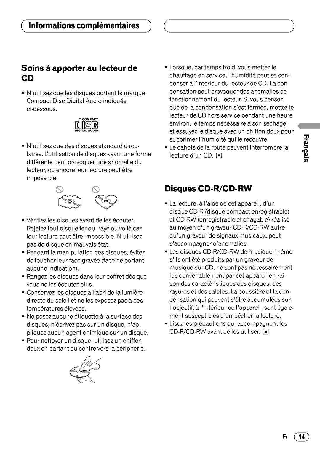 Pioneer DEH-1400 Informations complémentaires, Soins à apporter au lecteur de CD, Disques CD-R/CD-RW, English, Français 