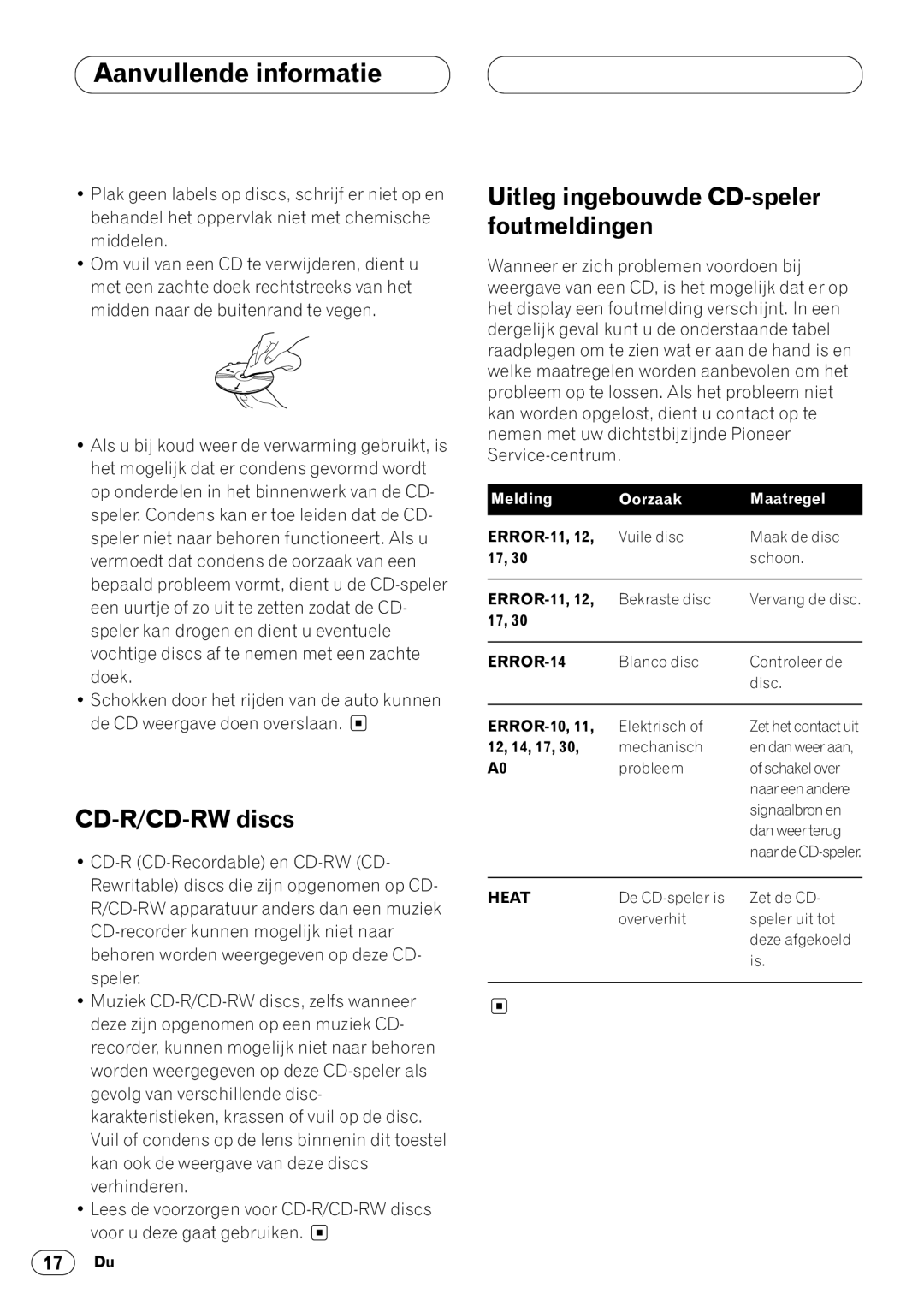 Pioneer DEH-1430R, DEH-1400RB operation manual Aanvullende informatie, Uitleg ingebouwde CD-speler foutmeldingen 