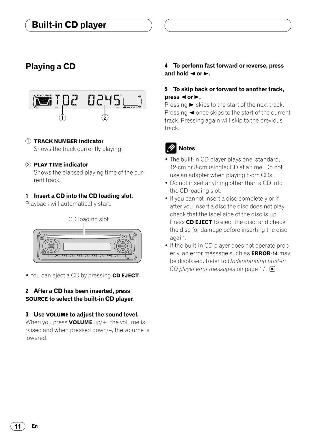 Pioneer DEH-1430R, DEH-1400RB operation manual Built-in CD player, Playing a CD 