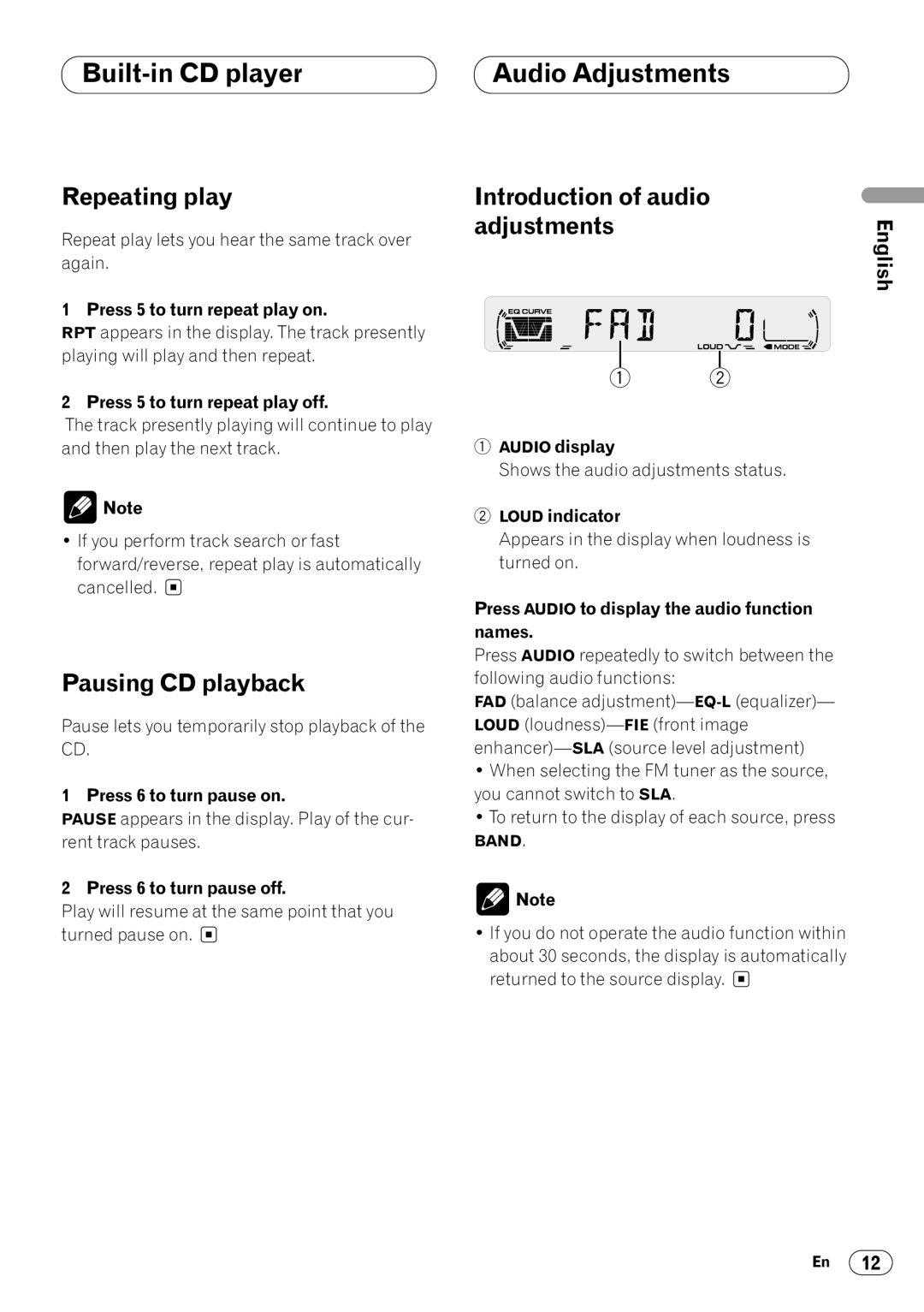 Pioneer DEH-1430R, DEH-1400R Audio Adjustments, Repeating play, Pausing CD playback, Introduction of audio Adjustments 