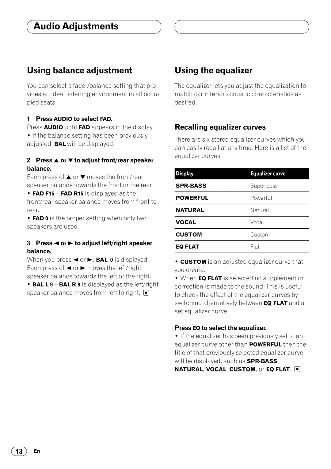 Pioneer DEH-1400RB, DEH-1430R Audio Adjustments, Using balance adjustment, Using the equalizer, Recalling equalizer curves 