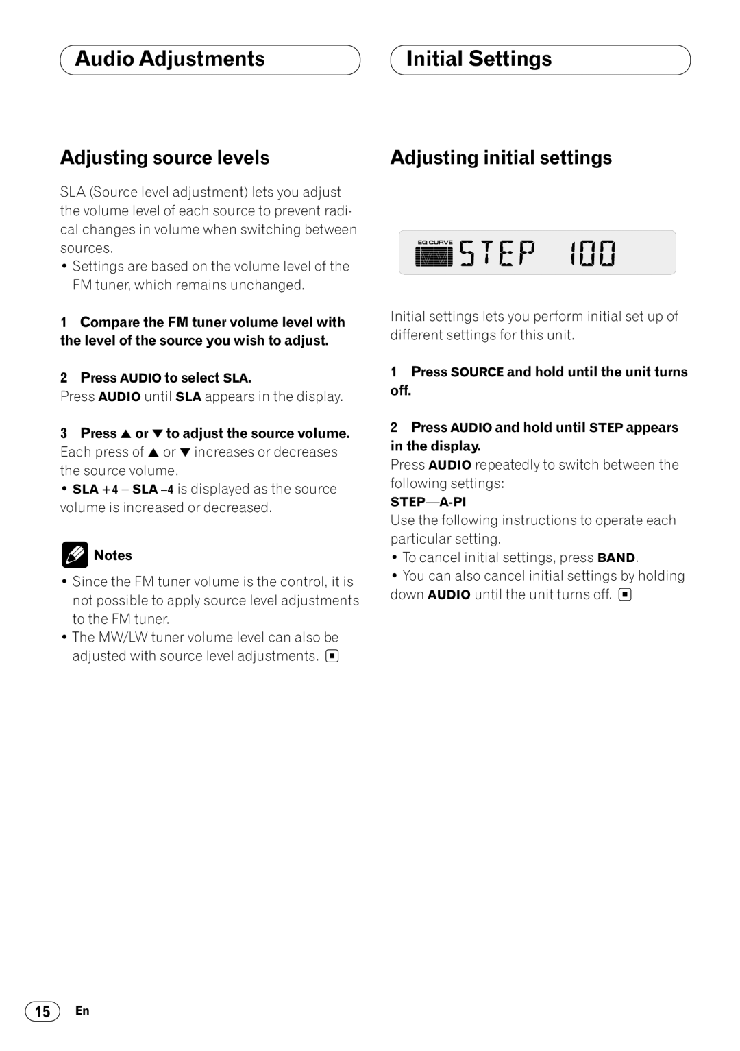 Pioneer DEH-1430R, DEH-1400R Audio Adjustments Initial Settings, Adjusting source levels, Adjusting initial settings 