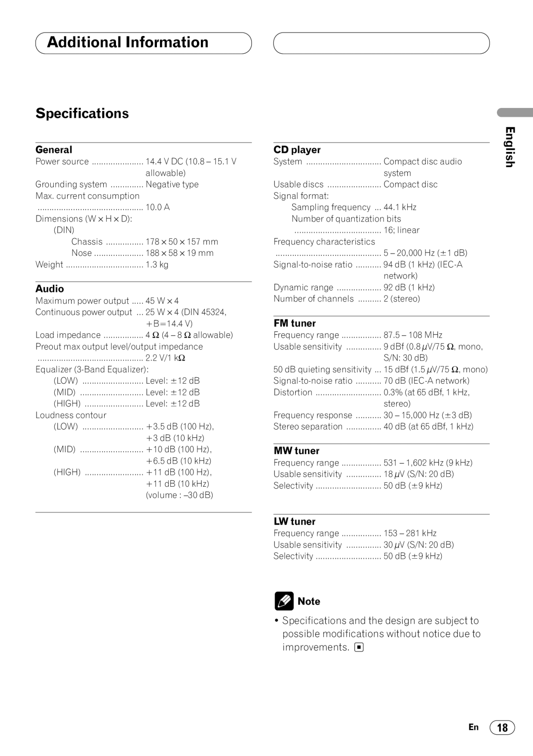 Pioneer DEH-1430R, DEH-1400RB operation manual Specifications 