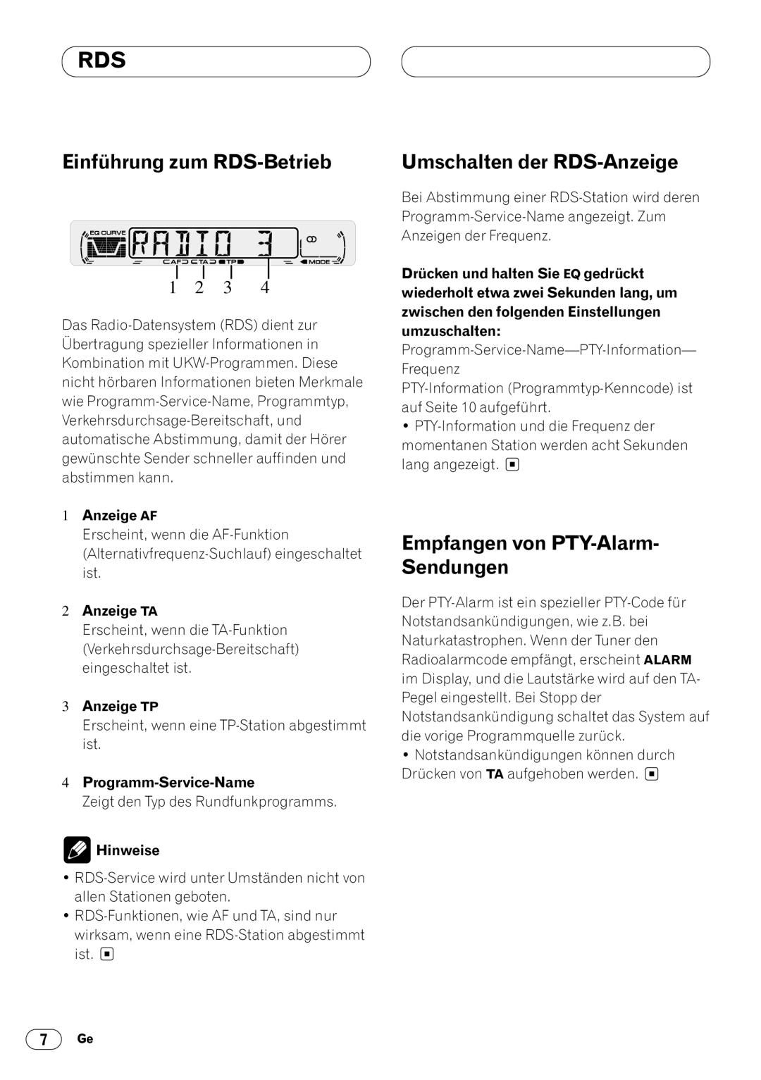 Pioneer DEH-1400RB, DEH-1430R Einführung zum RDS-Betrieb, Umschalten der RDS-Anzeige, Empfangen von PTY-Alarm- Sendungen 