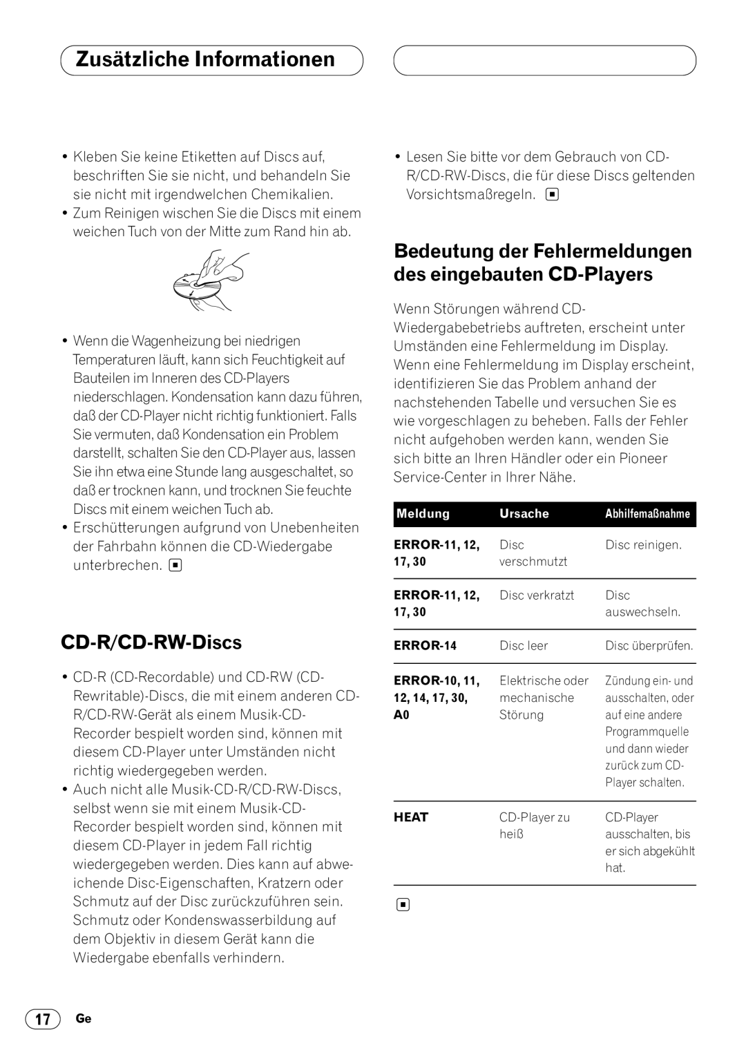 Pioneer DEH-1400R Zusätzliche Informationen, CD-R/CD-RW-Discs, Bedeutung der Fehlermeldungen des eingebauten CD-Players 