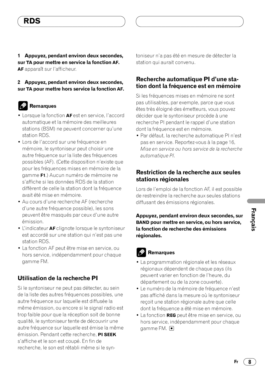 Pioneer DEH-1400R, DEH-1430R Utilisation de la recherche PI, Restriction de la recherche aux seules stations régionales 