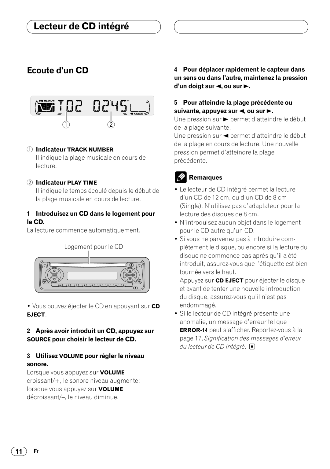 Pioneer DEH-1430R, DEH-1400RB operation manual Lecteur de CD intégré, Ecoute d’un CD, Indicateur Play Time 