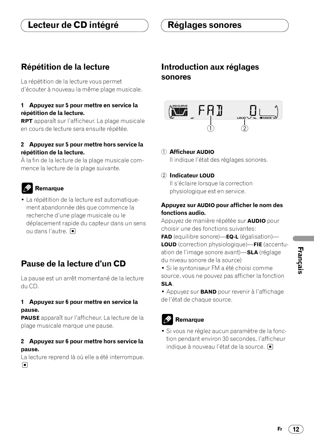 Pioneer DEH-1430R, DEH-1400RB operation manual Réglages sonores, Répétition de la lecture, Pause de la lecture d’un CD 